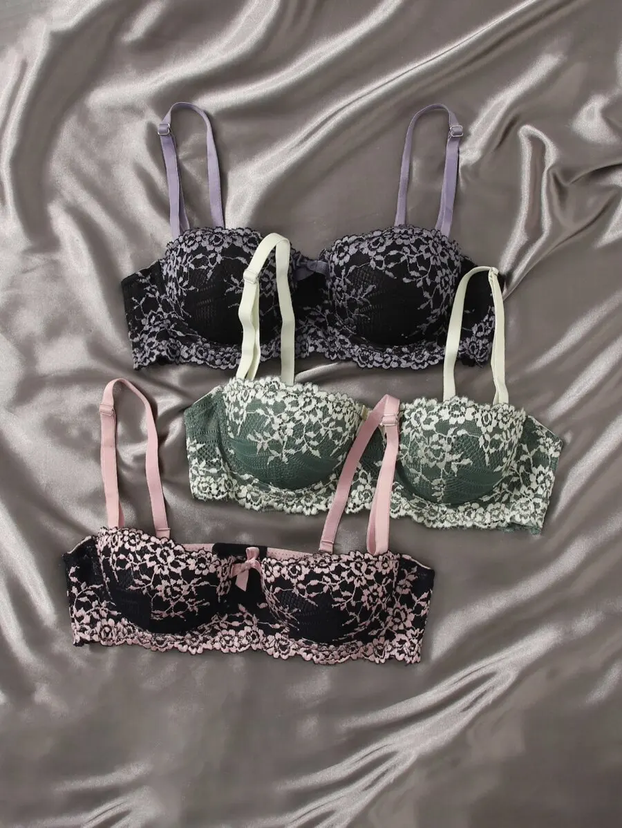 

Кружевной бюстгальтер на косточках для повседневной носки, женственный цветочный дизайн с регулируемыми бретелями