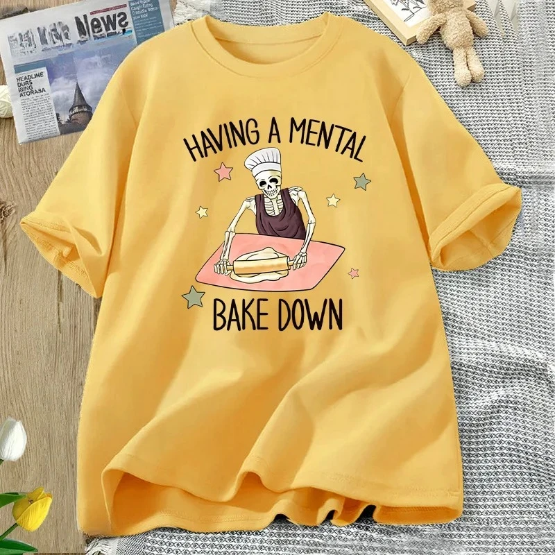 وجود العقلية خبز أسفل التي شيرت مضحك قصيرة الأكمام للأم تي شيرت الشيف الهيكل العظمي بيكر تي شيرت الجولة الرقبة ملابس امرأة Y2K #6