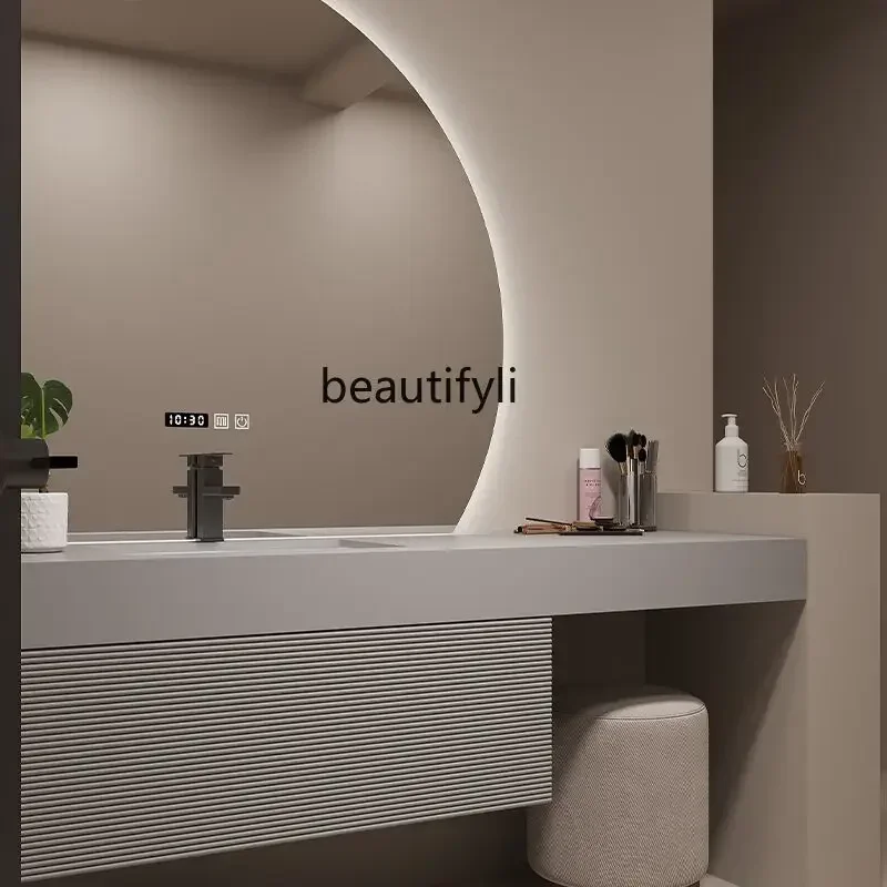 A85 Modern Intelligent Oak Bathroom Cabinet Combination Stone Plate Integrated Sink Washbasin Dressing Table Bathroom Table