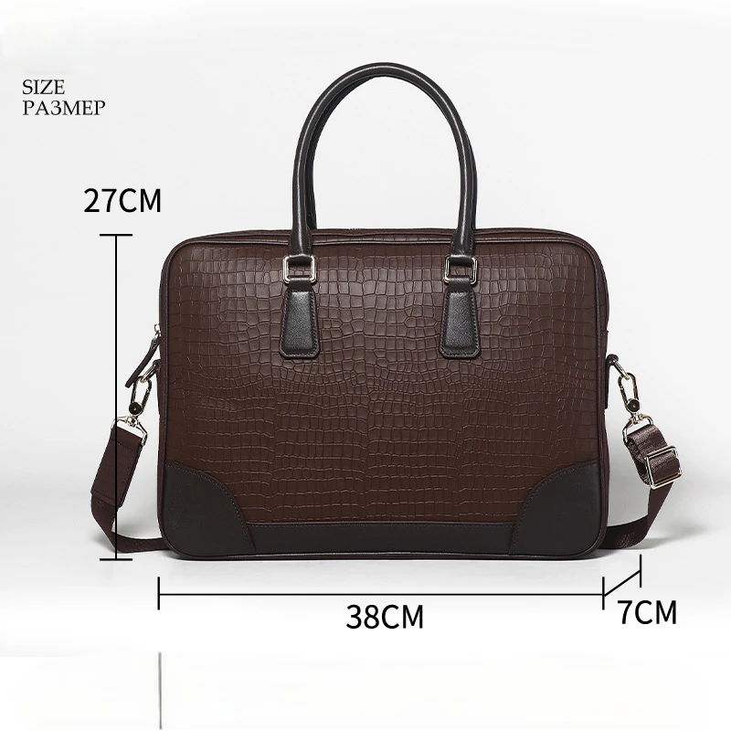 Genuine Leather Men's Briefcase Crocodile Embossed Business Handbag Large Capacity Laptop Bag 2-Way Shoulder Tote for Daily