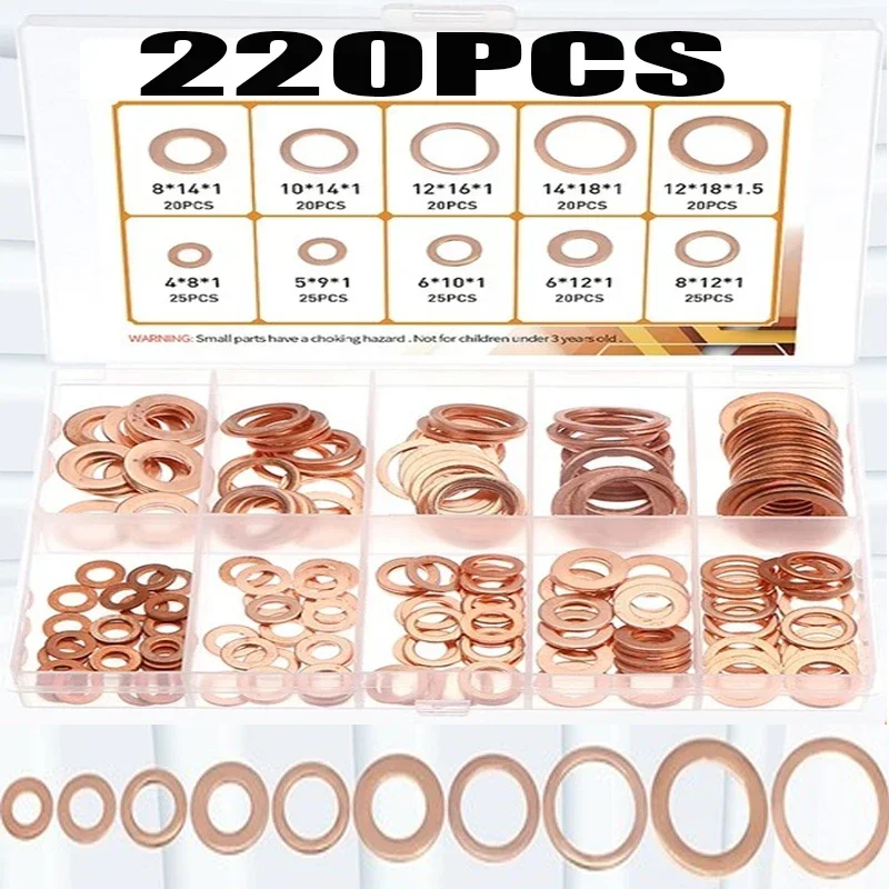 

220pcs Flat Copper Washers Sealing O Ring Gasket Assortment Set for Sump Drain Plug M4/M5/M6/M8/M10/M12/M14