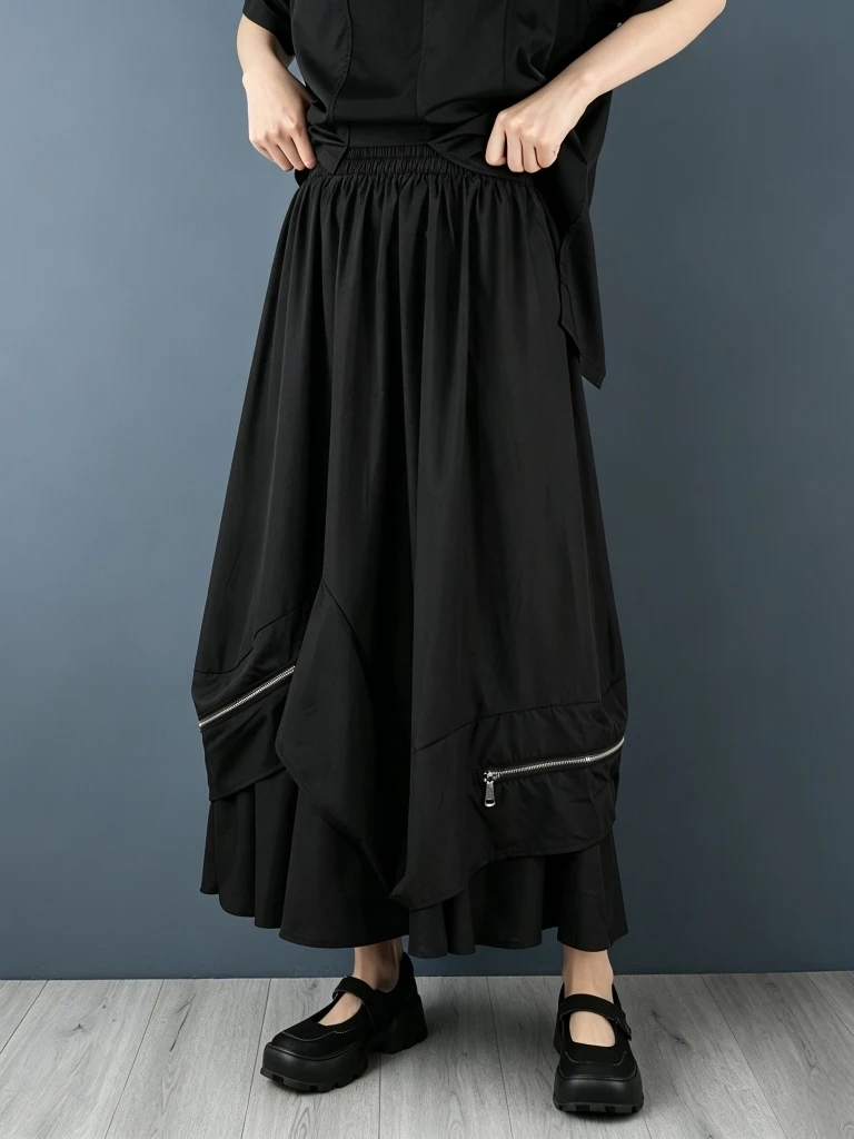 Asymmetric Zipper Decorative Elastic Loose Lantern Skirt Women's Autumn Dark Series Design High Waist Polyester Fiber