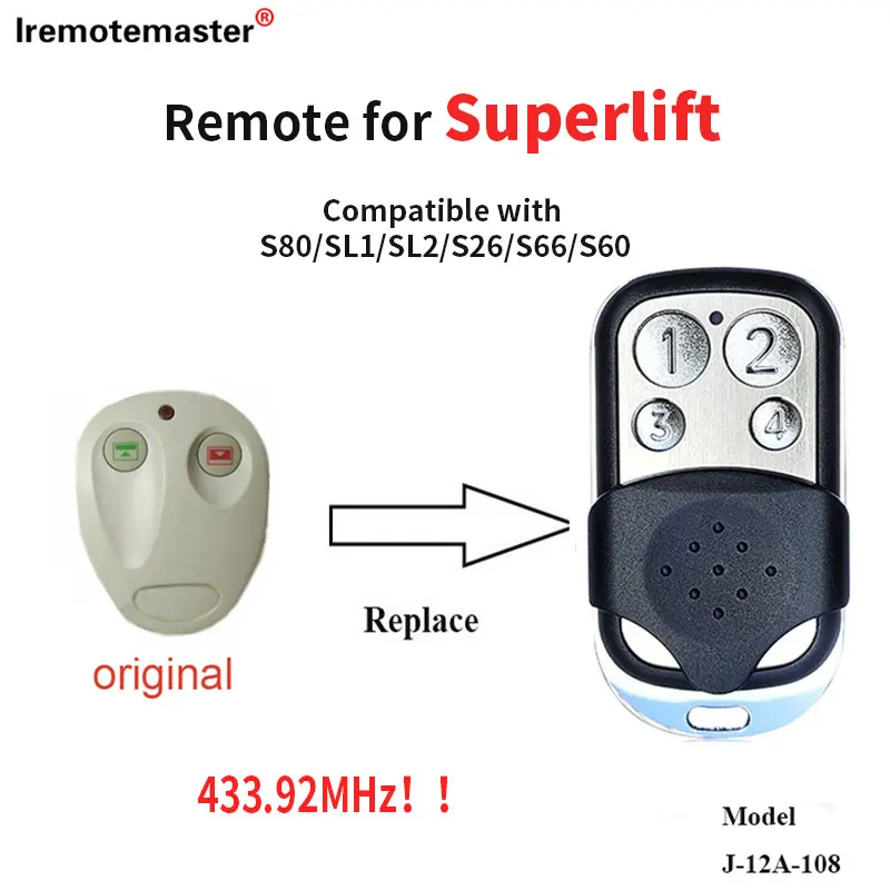 

For Superlift S66 S80/SL1/SL2 /S26/S60 Garage Door Remote Control 433.92MHz Rolling Code Gate Openers Replacement