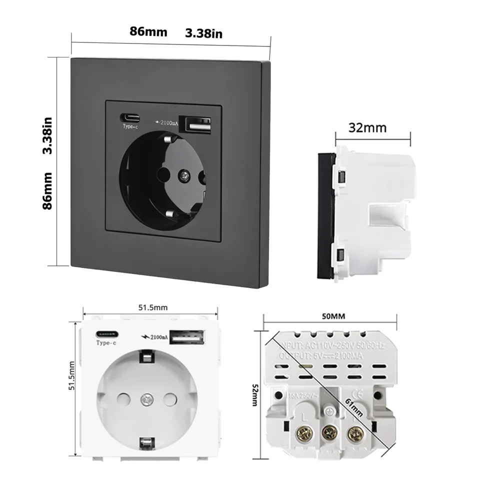 16A الاتحاد الأوروبي القياسية الجدار مقبس كهربائي نوع-C USB شحن المخرج التيار المتناوب 110 ~ 250 فولت مقبس الطاقة لوحة المواد الكمبيوتر لشحن الهاتف