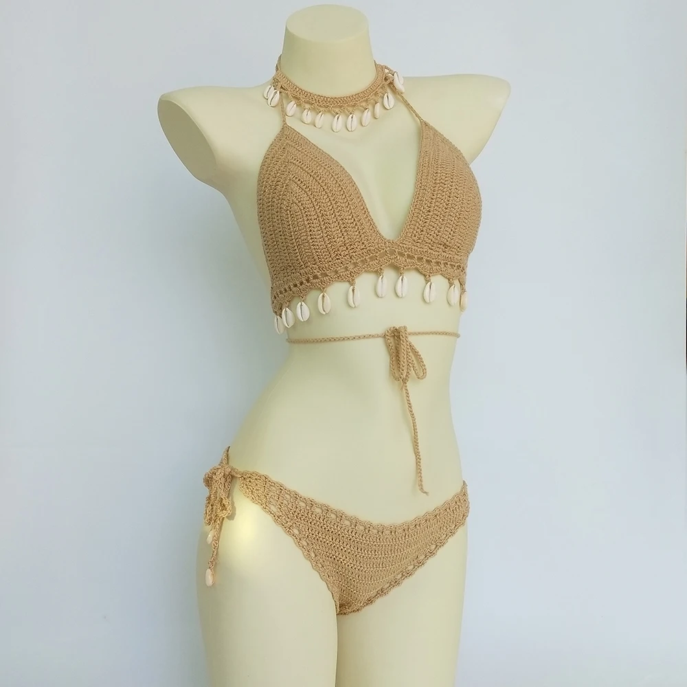 3-częściowy zestaw bikini Woman Crochet Shell Tassel Bikini Top i Seashell Ankle Chain Sexy Thong Hollow-out Low Waist Bikini Bottom