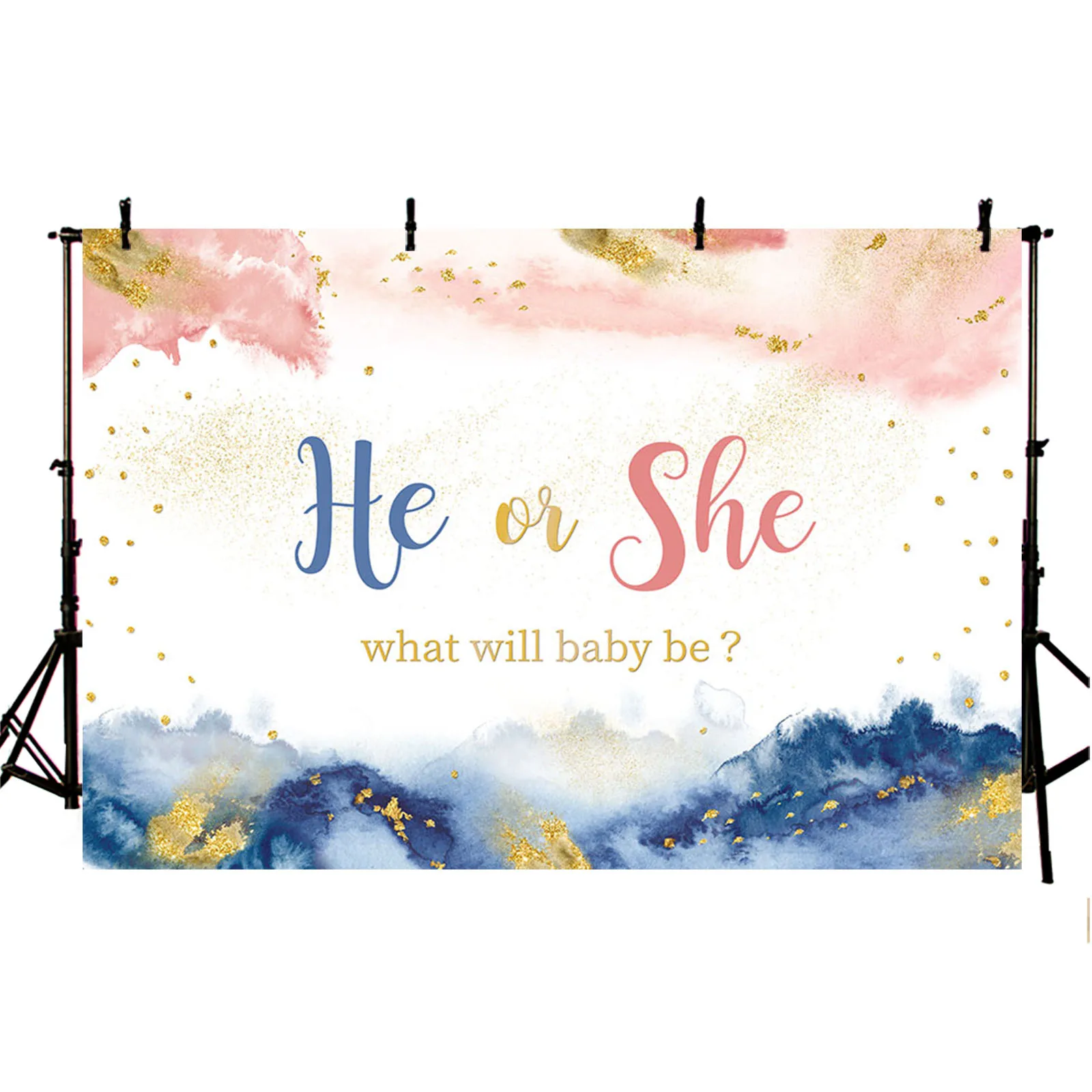 AIBIIN Gender Reveal Backdrops He or She Boy or Girl Blue or Pink Cloud Gold Dot Photography Background Party Decoration