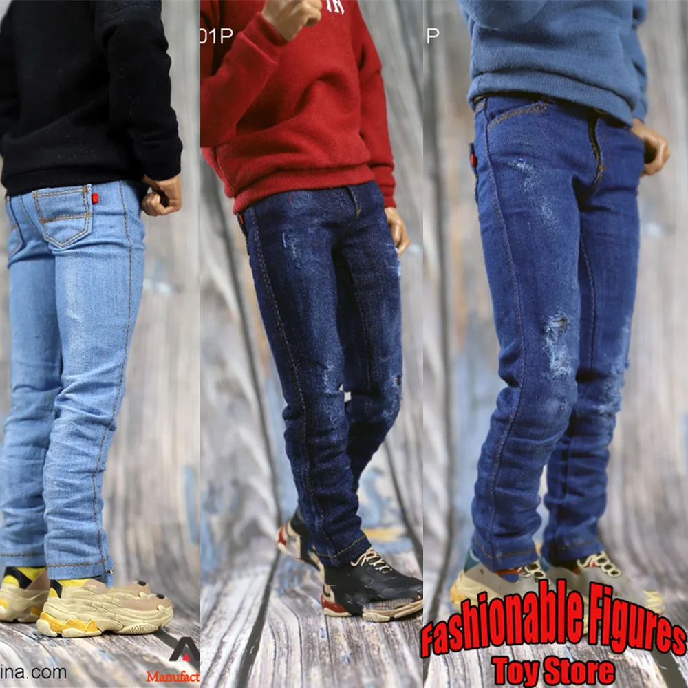 ACNTOYS 1/6 Male Soldier Jeans Slim Stretch Trousers Ripped Denim Pants With Belt Accessories For 12'' Action Figure Body