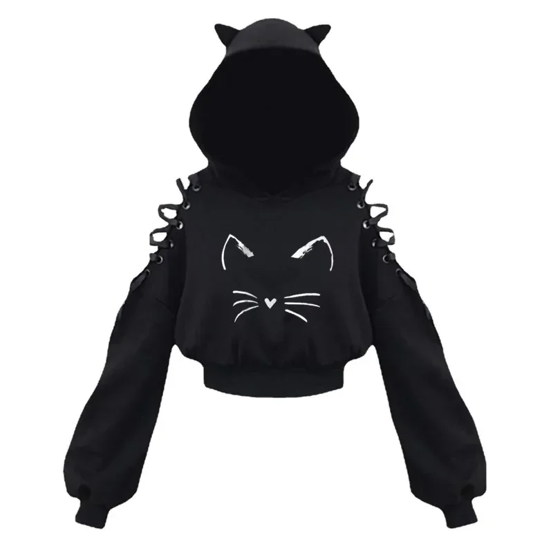 Japanese Retro Subculture Kawaii Cat Print Hoodies Autumn New Hollow-out Design Black Hoodie Women's Street Fashion Short Tops