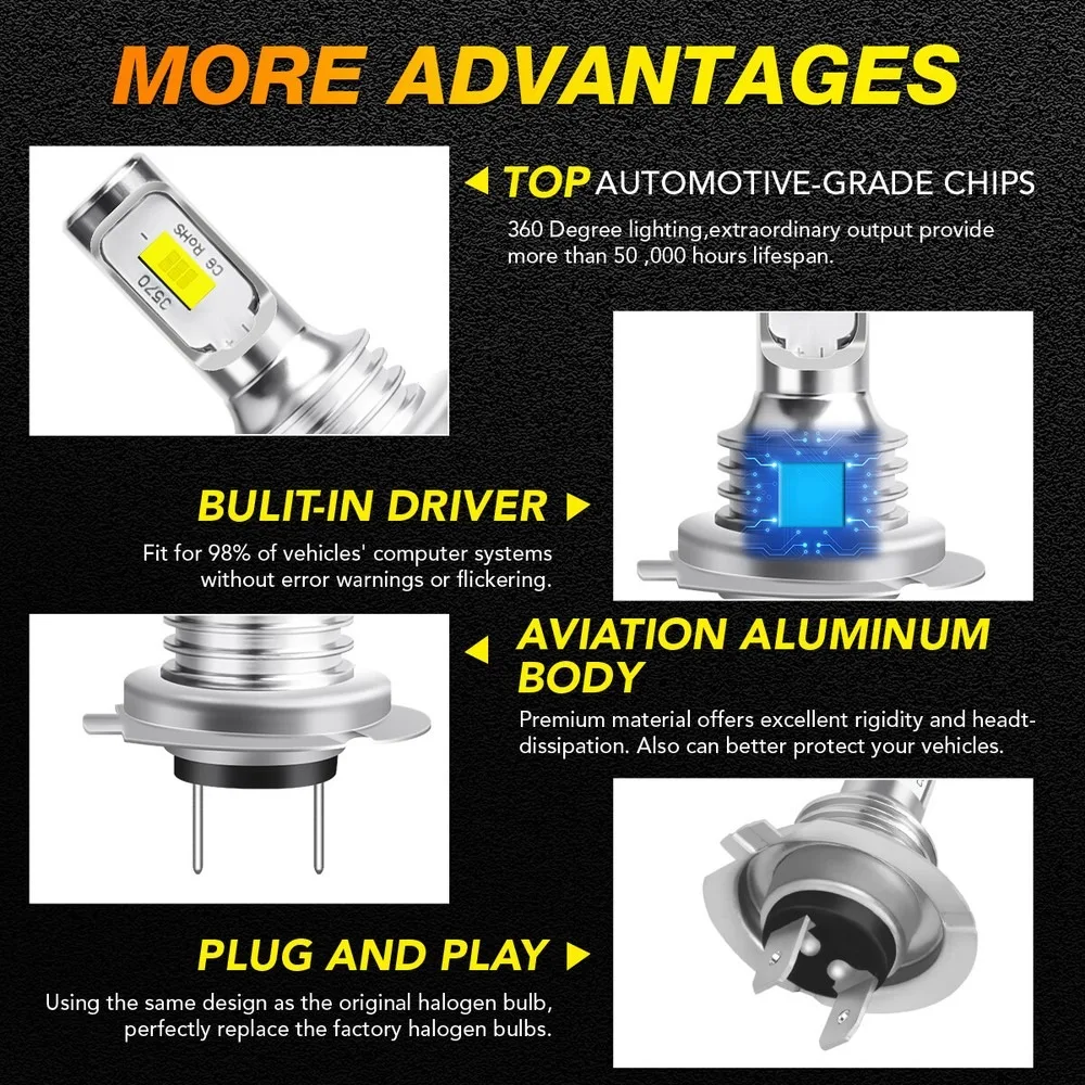 4 قطع H7 LED مجموعة المصابيح الأمامية كومبو لمبات عالية منخفضة شعاع أبيض فائق السطوع 6000 كيلو