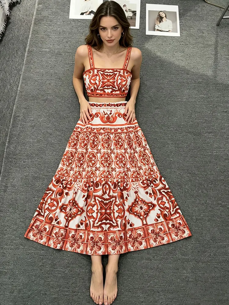 Retro red ceramic tile printed two-piece suit ladies sleeveless camisole high waist long skirt Bohemian holiday beach dress