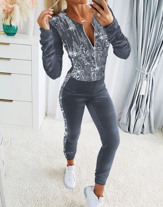 Women Fall Winter Pants Two Piece Outfits Velvet Contrast Sequin Zipper Design Coat Slim Fit Pants Set Casual Matching Clothing