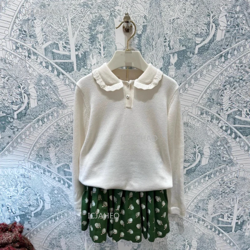 New French Style Children Girls Wool Lapel Lace Trim Long Sleeve Sweater White Solid Color Knitwear Top for Kids Autumn Winter