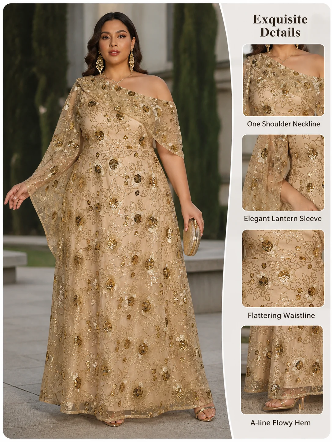 Plus Size Women’s Elegant One Shoulder Evening Gown, Gold Floral Long Dress for Party and Ceremony, Slimming Fit with Chic Sleev