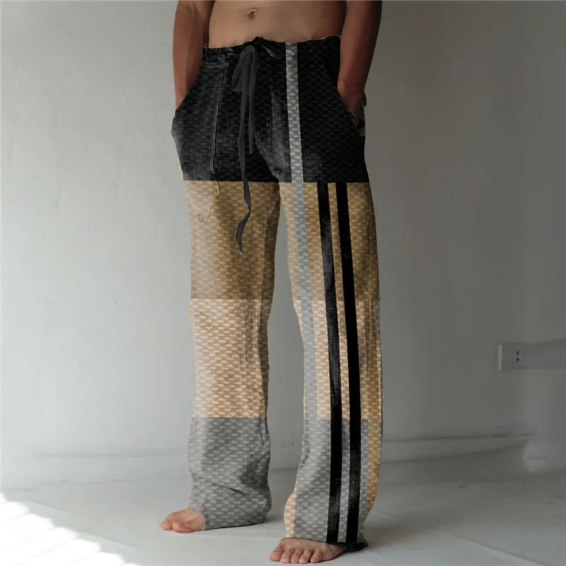 2024 Summer New Product Block Multi Color Splicing Printed Men\'s Straight Pants Loose Sports and Casual New Style