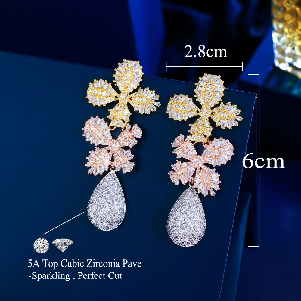 CWWZircons Multi Tone Gold Color Cubic Zirconia Statement Luxury Long Leaf Drop Earrings for Wedding Party Bridal Jewelry CZ823