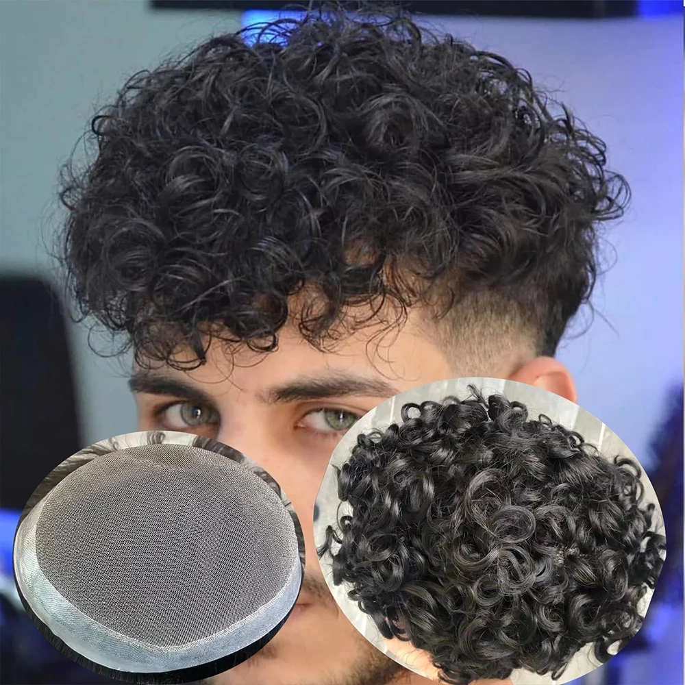 Men's 20mm 28mm Curly Australia Toupee Breathable Lace PU Europe Afro15MM Black  HumanHair Super Durable Prosth Capillary System