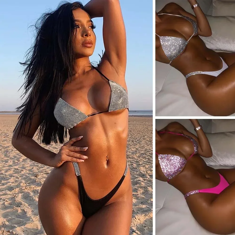 Seksowne trójkątne bikini ze strasami Push Up bikini damskie brazylijskie stroje kąpielowe stringi boczne strój kąpielowy Biquini kostiumy kąpielowe strój kąpielowy