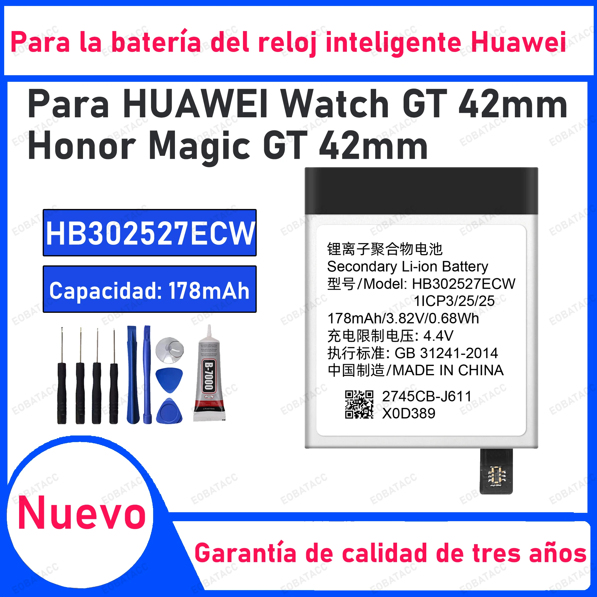 

178mAh 100% New HB302527ECW Battery For HUAWEI Watch GT 42mm/Magic GT 42mm Replacement Bateria+Free Tools