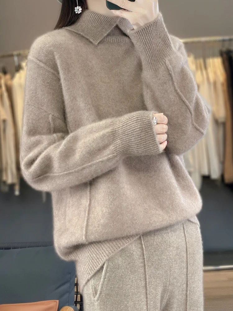 

Женский свитер с длинным рукавом, пуловер с отложным воротником, сезон осень-зима, трикотажная одежда из 100% мериносовой шерсти, женская одежда, нижняя рубашка, топы