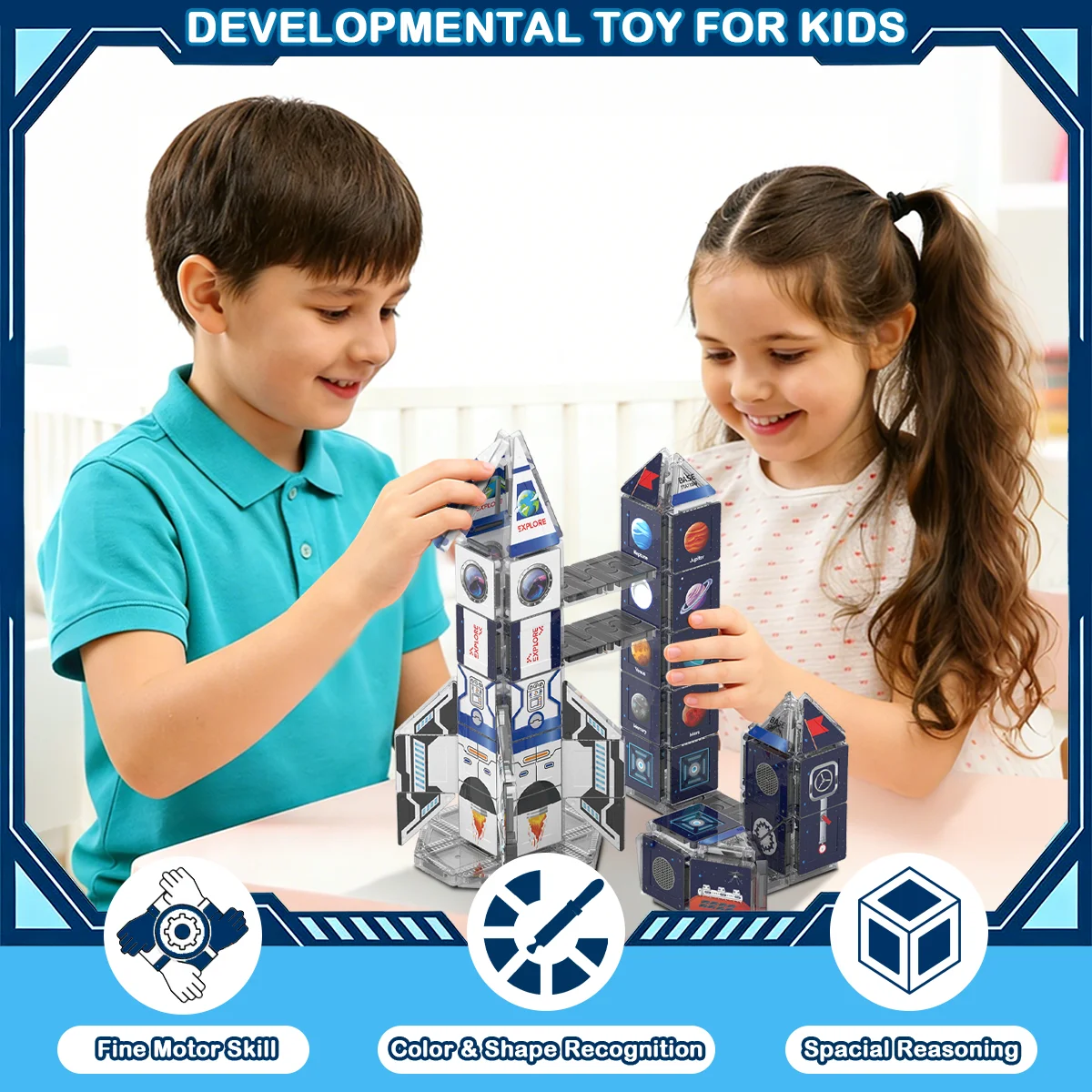 Magnetic Building Blocks Space Rocket With Iron Box Travel Set Magnetic Tiles STEM Educational Toy for Kids Boys Birthday Gift