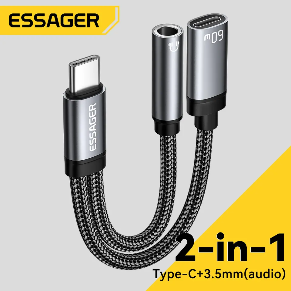 محول صوت إيساجر 2 في 1 مقسم صوت Type-C إلى Type-C إلى 3.5 مم PD60W شحن سريع صوت عالي الدقة لكابل سماعة آيفون 16