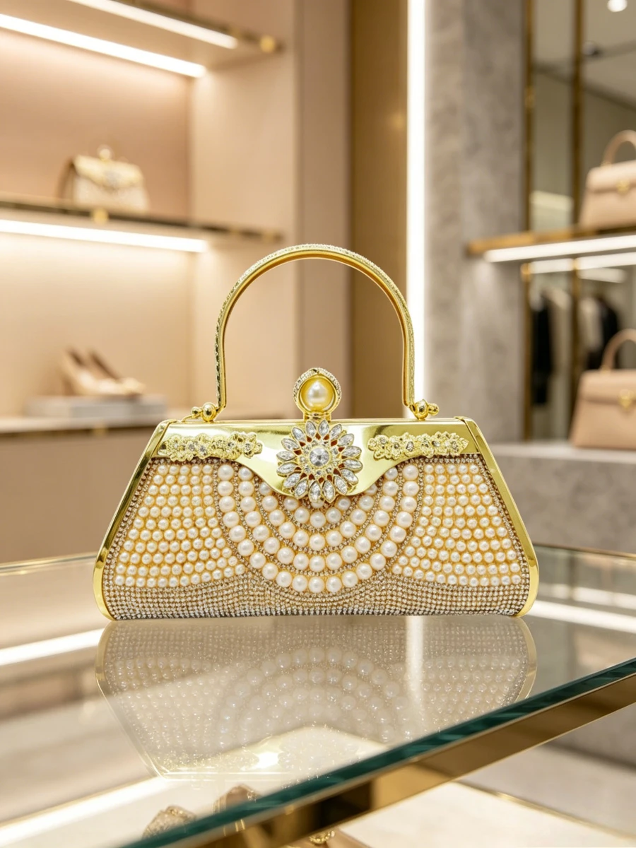 Luxury Pearl Rhinestone Evening Handbag With Gold Metal Frame Top Handle, Hard Case Formal Dinner Purse For Mature Crossbody Bag