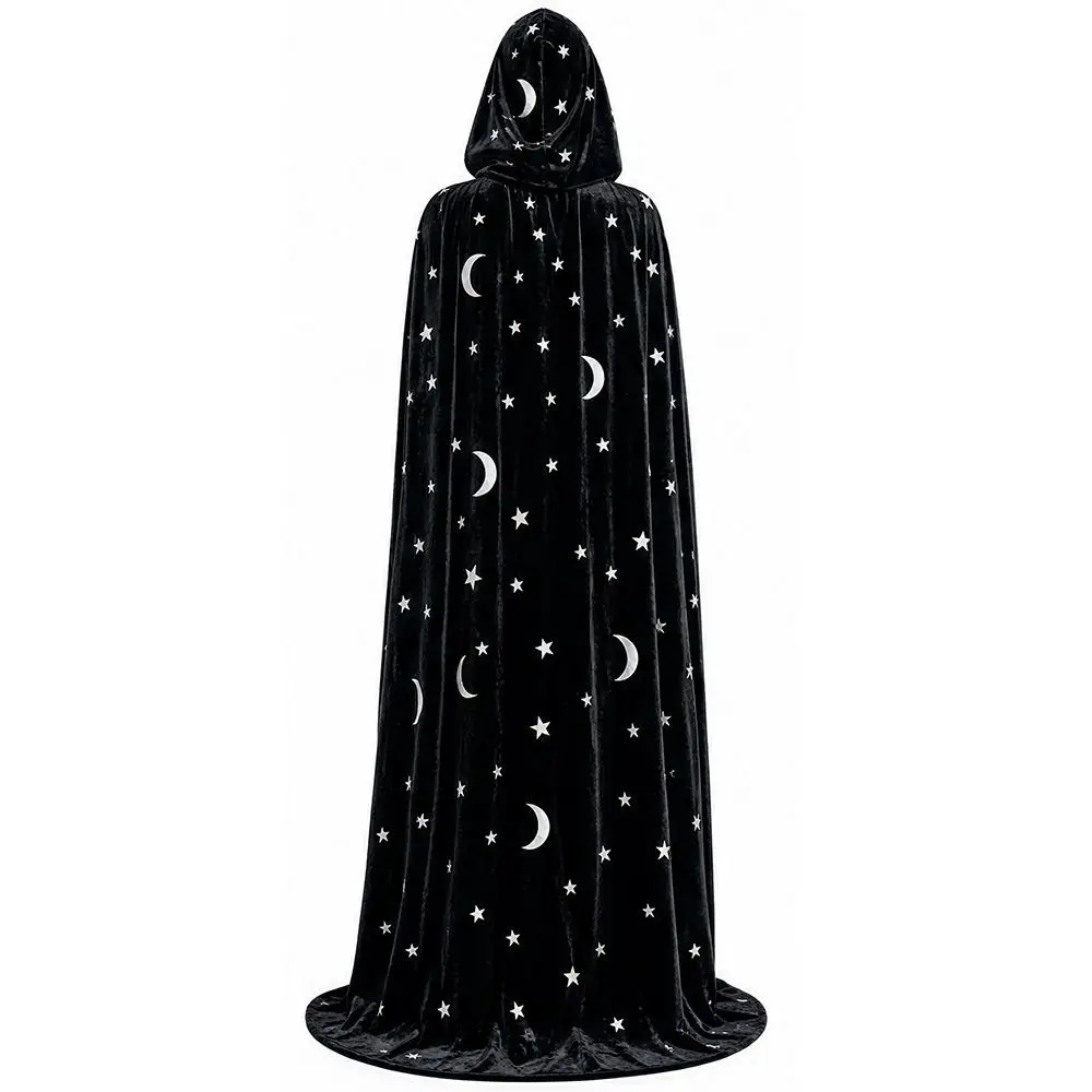 with Oversized Hood Halloween Hooded Cloak Polyester Velvet Moon and Star Print Overcoats Flowing Vintage Vintage Hooded Cape