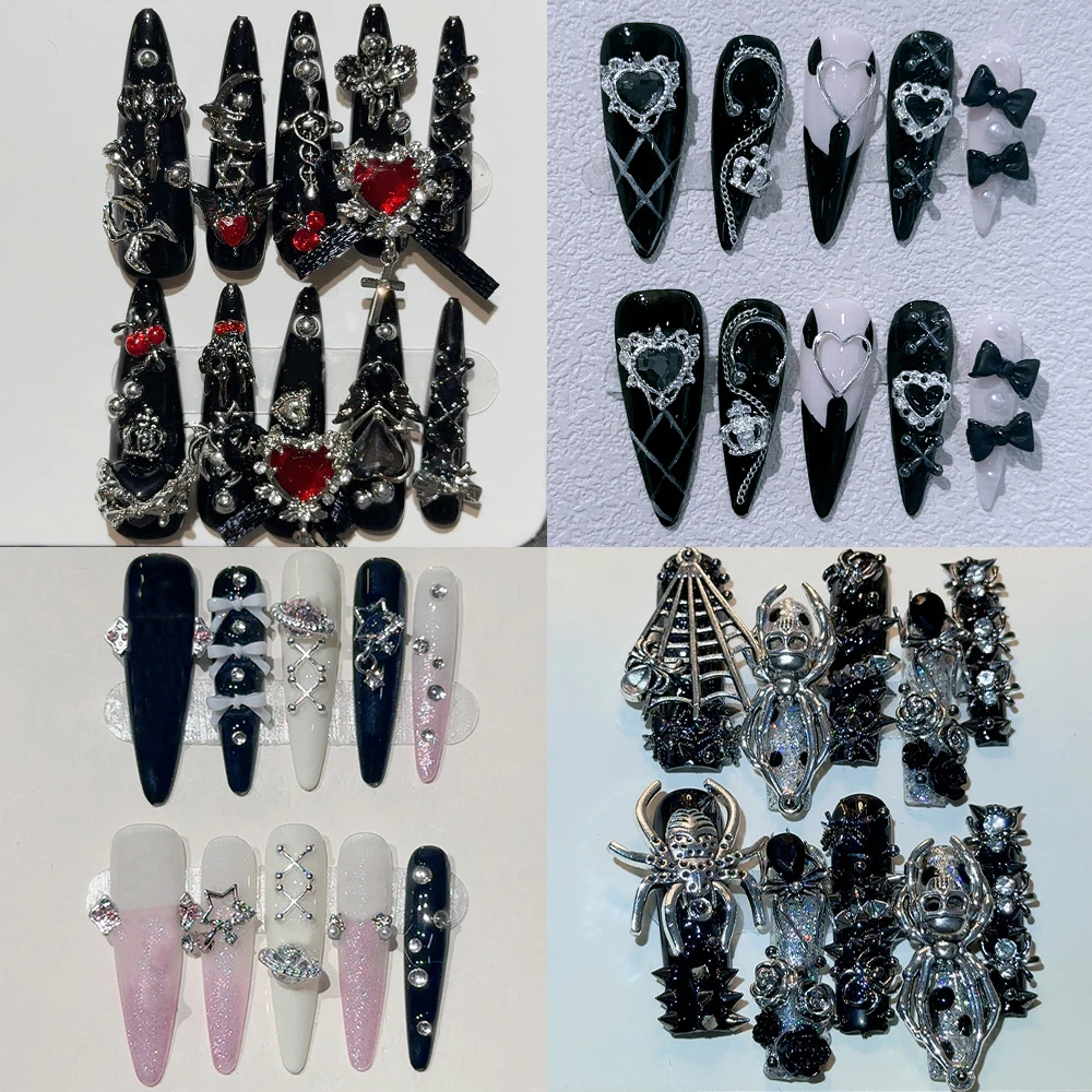 

Dark Gothic Style Handmade Long Stiletto Coffin Wearable Press On Nail Metal Spider Rivet Flower Bowknot Wings Diamond Fake Nail