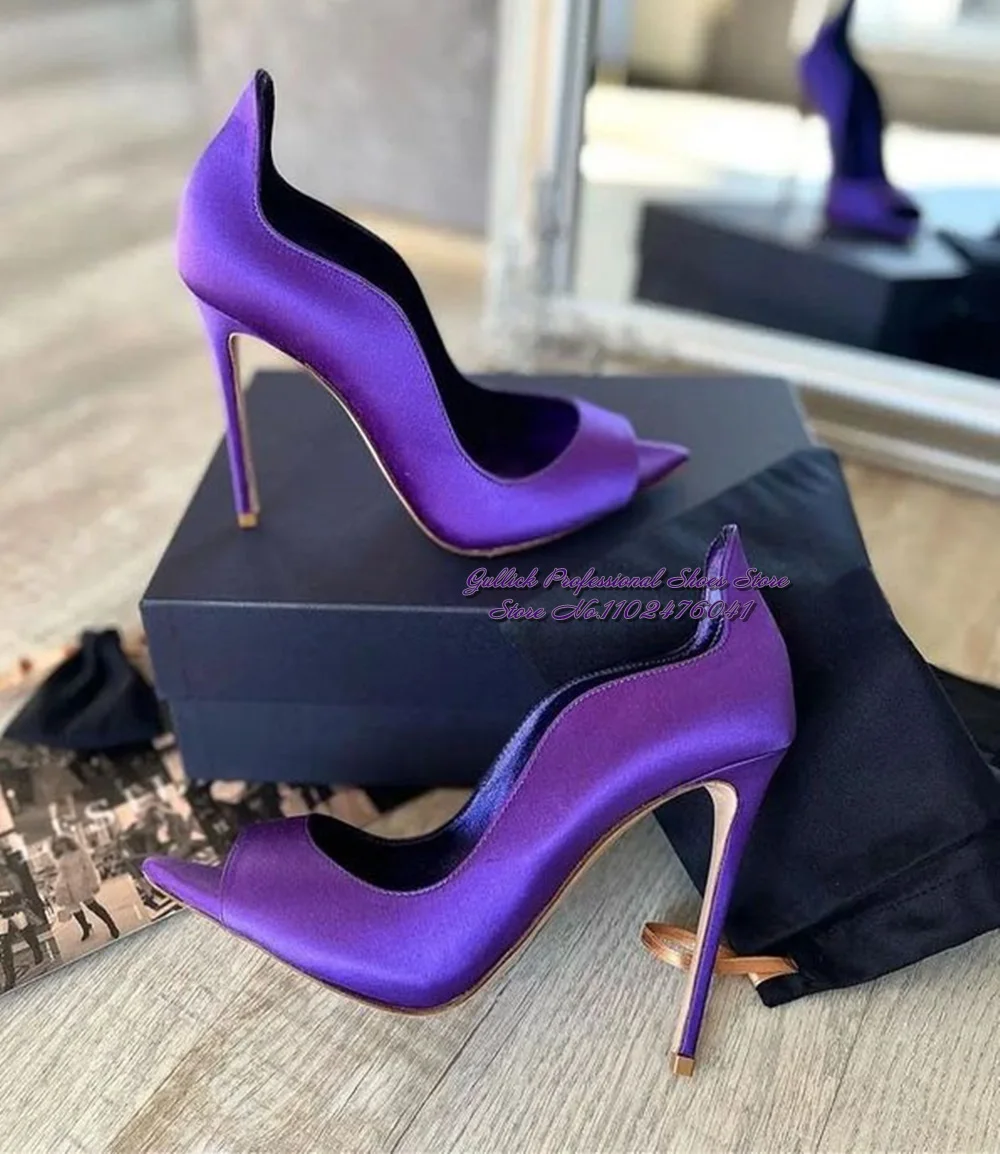 

Women Purple Satin Cloth Pointed Toe Open Toe Dress Shoes 12cm 10cm 8cm Shallow Cut Slip-On Evening Party Pumps Size45 Sky Heels