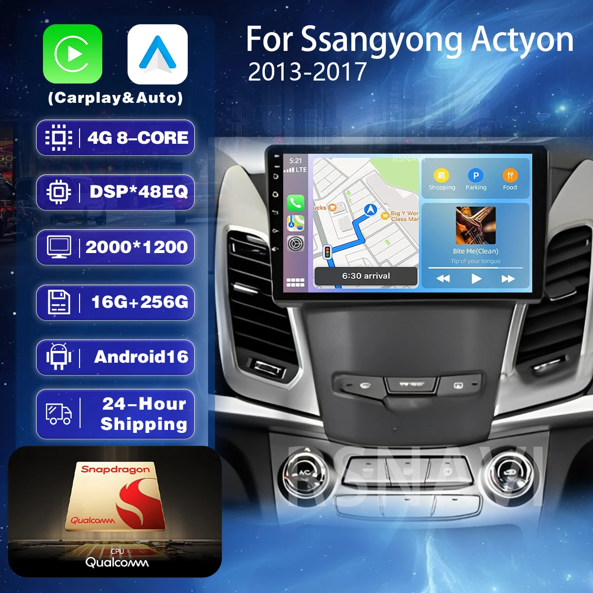 Radio Multimedia Android 16 con Carplay para SsangYong Korando 3 Actyon 2 2013-2017, Unidad Principal con Bluetooth, GPS, Video, DVD, Autoradio Estéreo