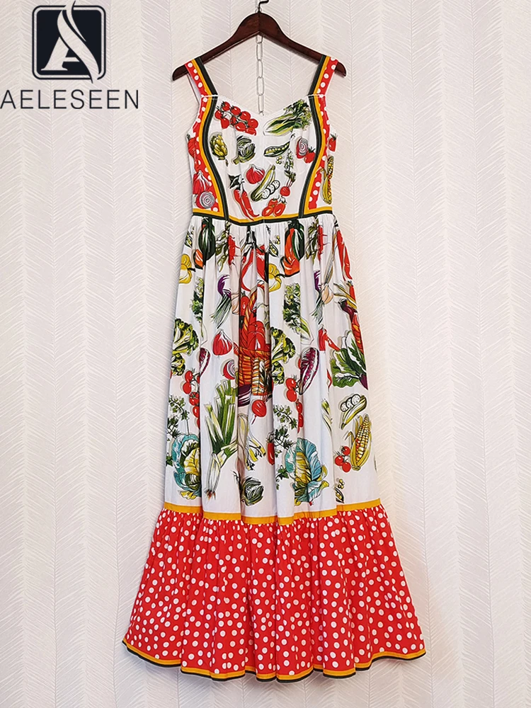 

AELESEEN Women 100% Cotton Dress 2022 Designer Fashion Summer Sicily Spaghetti Strap Vegetables Print Elegant Poplin Camisole