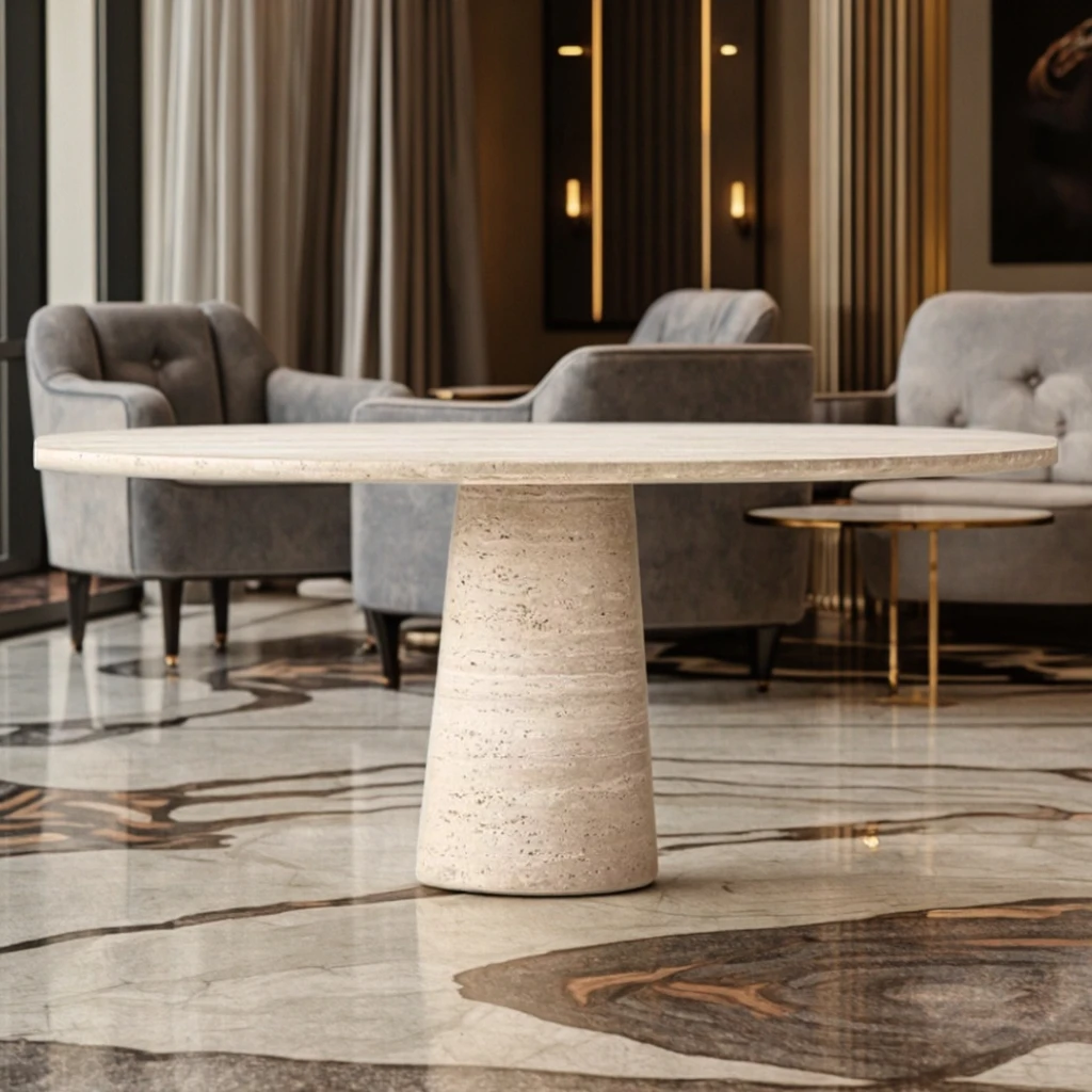 Luxury simple modern stone travertine round dining table hotel living room design