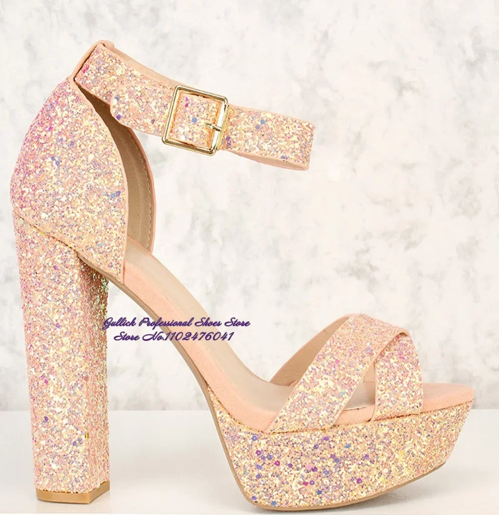 

Women Champagne Pink Glitter Chunky Heel Sandals Bling Bling Sequined Platform Wedding Shoes Size46 Shinning Paillette Shoes