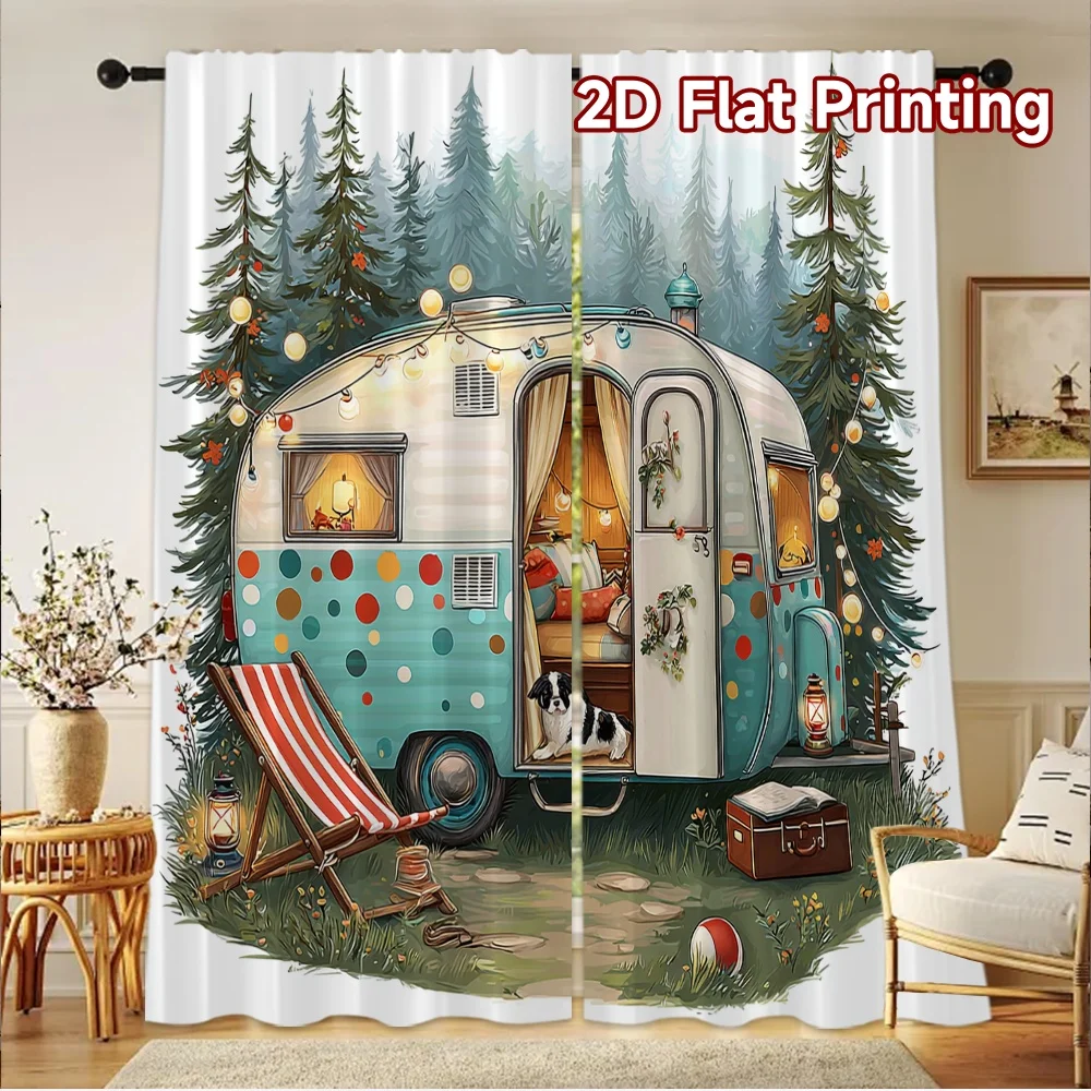 2D-Flachdruck, 2 Stück, Vorhänge für Fenster, Campingplatz mit Wohnwagen, digital bedruckte Polyester-Vorhänge, Partydekorationen für