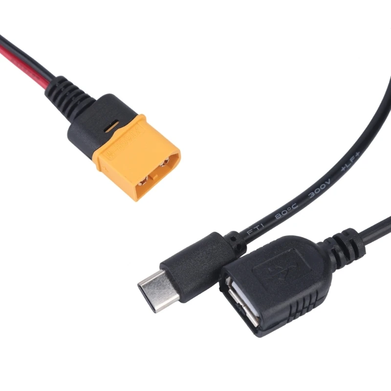 Model Battery to Mobile Device Charging Cable Cord, Male Input End with Integrated 12-24V to 5V Power Reduction and Two USB