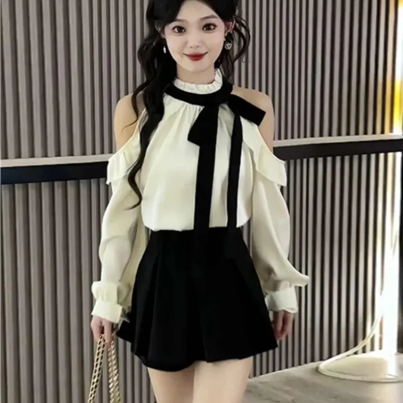 النمط الفرنسي الكتف عارية قميص أعلى ونصف تنورة قطعتين مجموعة المرأة تصميم الأزياء لباس غير رسمي نسيج البوليستر #1