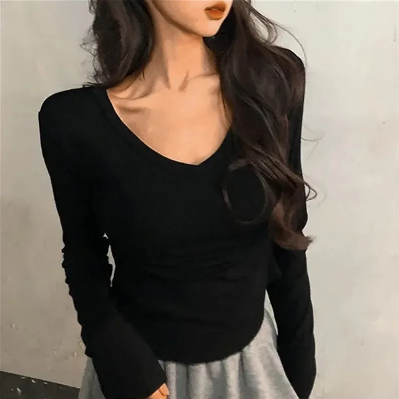 Camiseta lisa con cuello en V para mujer, Tops sexys para primavera y otoño, camiseta fina de manga larga, camiseta elástica para mujer 2024
