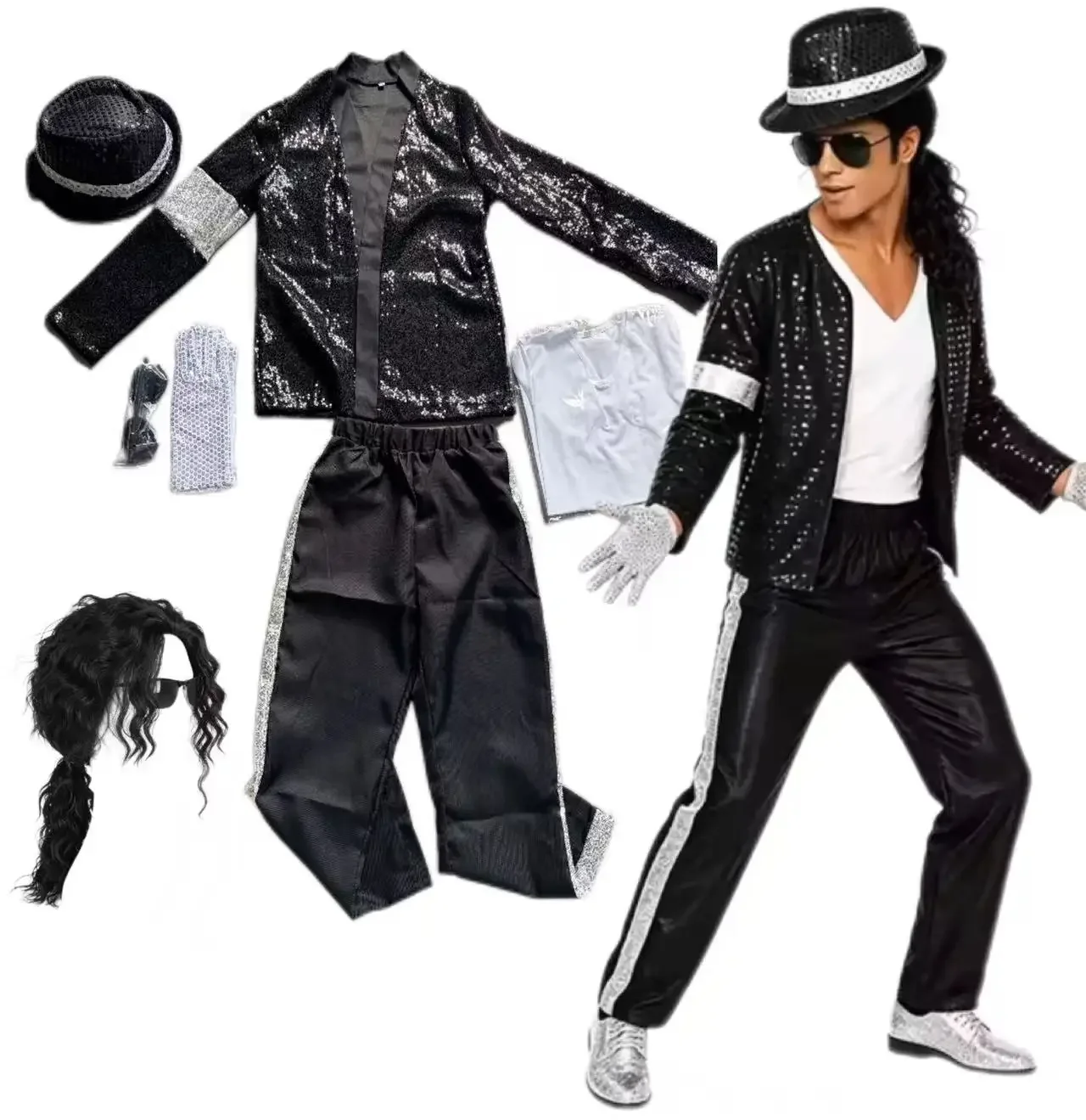 Disfraz de Michael Jackson para Adultos, Mujeres y Hombres, Estilo Pop de los 80 y 90, Peluca para Cosplay, Halloween, Actuaciones, Baile Hip Hop, Ropa Familiar