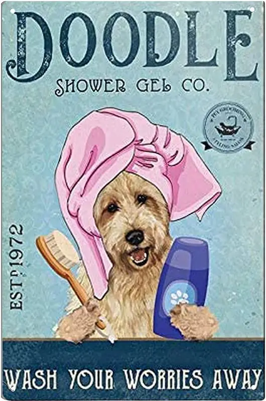 Aluminum Tin Sign Golden Doodle Art Dog Wash Your Worries Away Tin Sign Home Decor Vintage Tin Signs Pub Vintage Decorative Plat