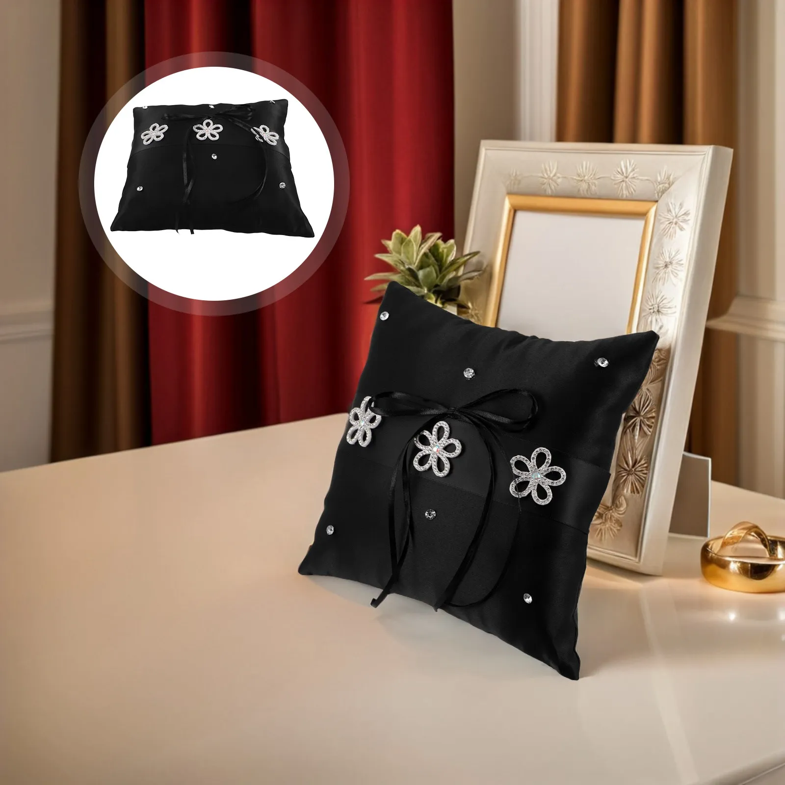 Black Lace Wedding Ring Pillow Vintage Bridal Rings Bearer Cushion Ceremony Prop Fabric Ring Holder for Engagement Wedding