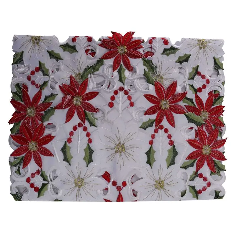 ABRE-3X Christmas Embroidered Table Runner, Luxury Holly Poinsettia Table Runner For Christmas Decorations, 15 X 70 Inch