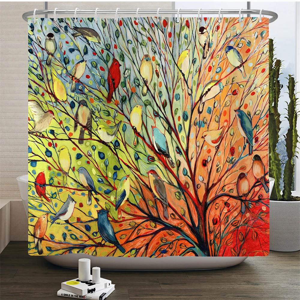 Chinese Style Flower and Birds Tree Shower Curtains Bath Curtain Waterproof Bathroom Decor With Hooks 3d Printing Bath Curtain