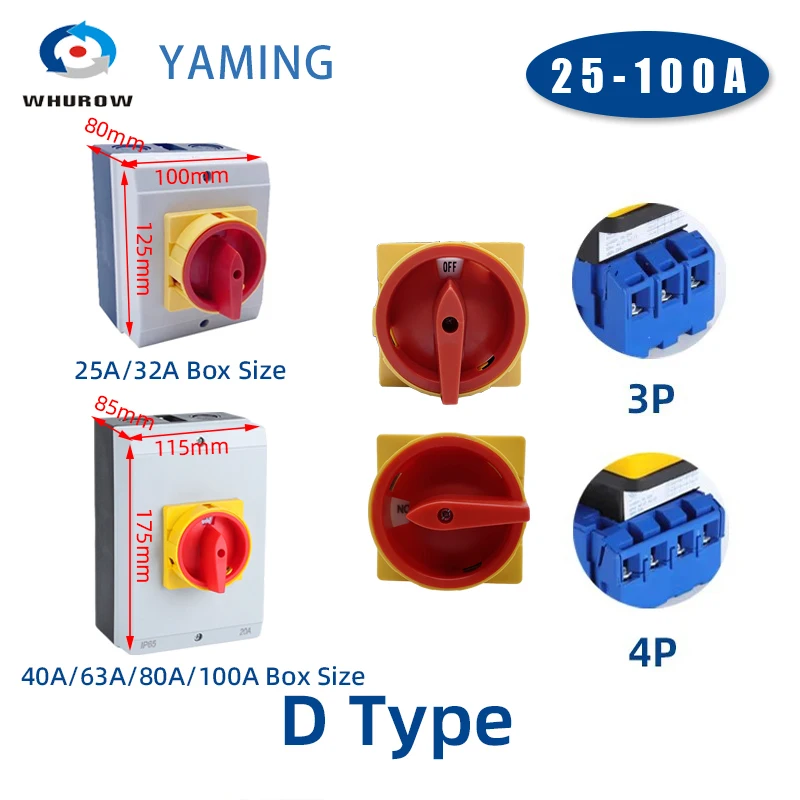 YMD11 Series 25-100A 3P 4P Isolator Switch Silver Contact ON-OFF Rotary Cam Selector Cabinet Control Waterproof Box LW30