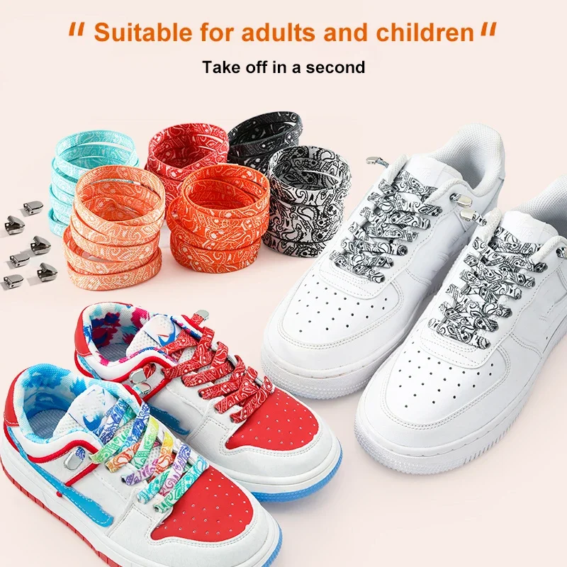 Cashew Flower Shoelaces Without Ties Flat Elastic Laces Sneaker End Metal Buckle for Men Women's Sports Shoes No Ties Shoelaces