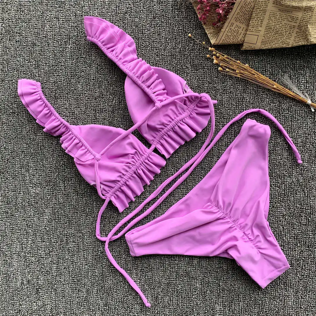 2026 Rüschen-Bikini Damen-Badeanzug Zweiteiliger Bikini-Set mit mittelhohem Bund Badebekleidung für Damen V2358 – Detail 23