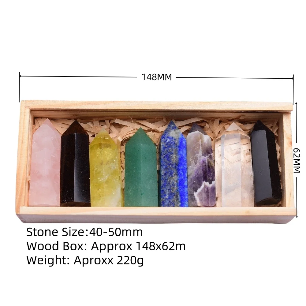 Hexagonal Crystal Point Set Box 8Pcs Healing Chakra Gemstone Column Beads 4-5CM In Wood Box Display for Home Office Decoration