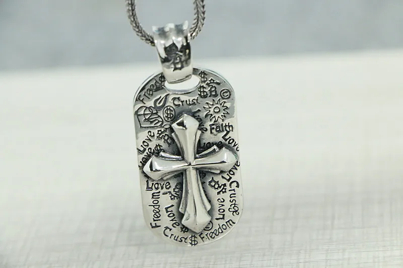 Sterling silver graffiti cross hang tag pendant, European and American trendy jewelry necklace, sweater chain hanging decoration