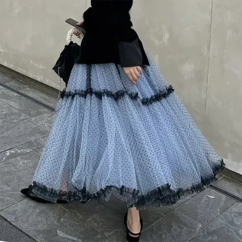 2024 Autumn and Winter Plus Size fashion Retro Polka Dot Fluffy Mesh Pleated long Skirt Women's chic and elegant woman skirt