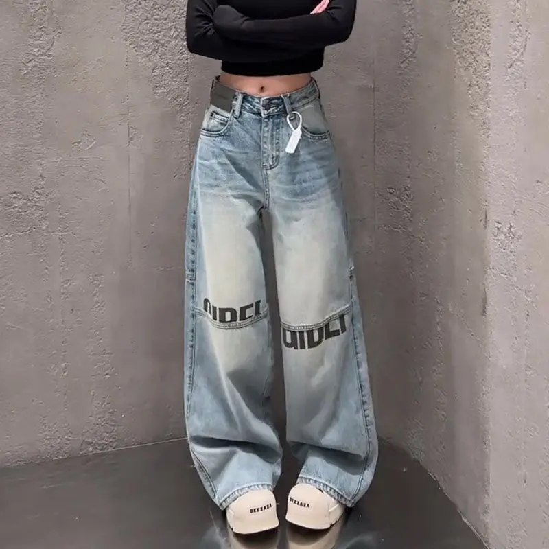 

Letter Print High Waited Jeans Woman Street Harajuku Vintage Y2k Pants Women Trousers Casual Wide-leg Baggy Jeans Women