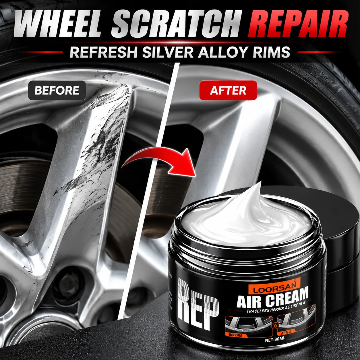 LOORSAN Wheel Scratch Repair Cream 30ml Alloy Rim Scuff Remover Car Wheel Polish Surface Scratch Care Rim Scratch Remover